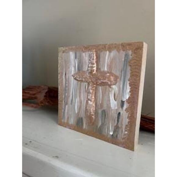 SALE Gold Cross Wood Painting HandPainted Wall Art 5x5 Block Textured White Gold - Picture 8 of 8